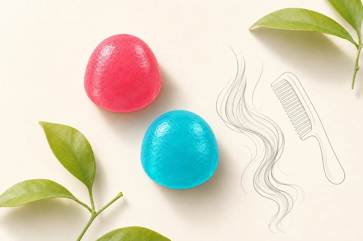 Gomitas de creatina Fills junto a una ilustración de cabello y un peine: el mito de la caída de cabello