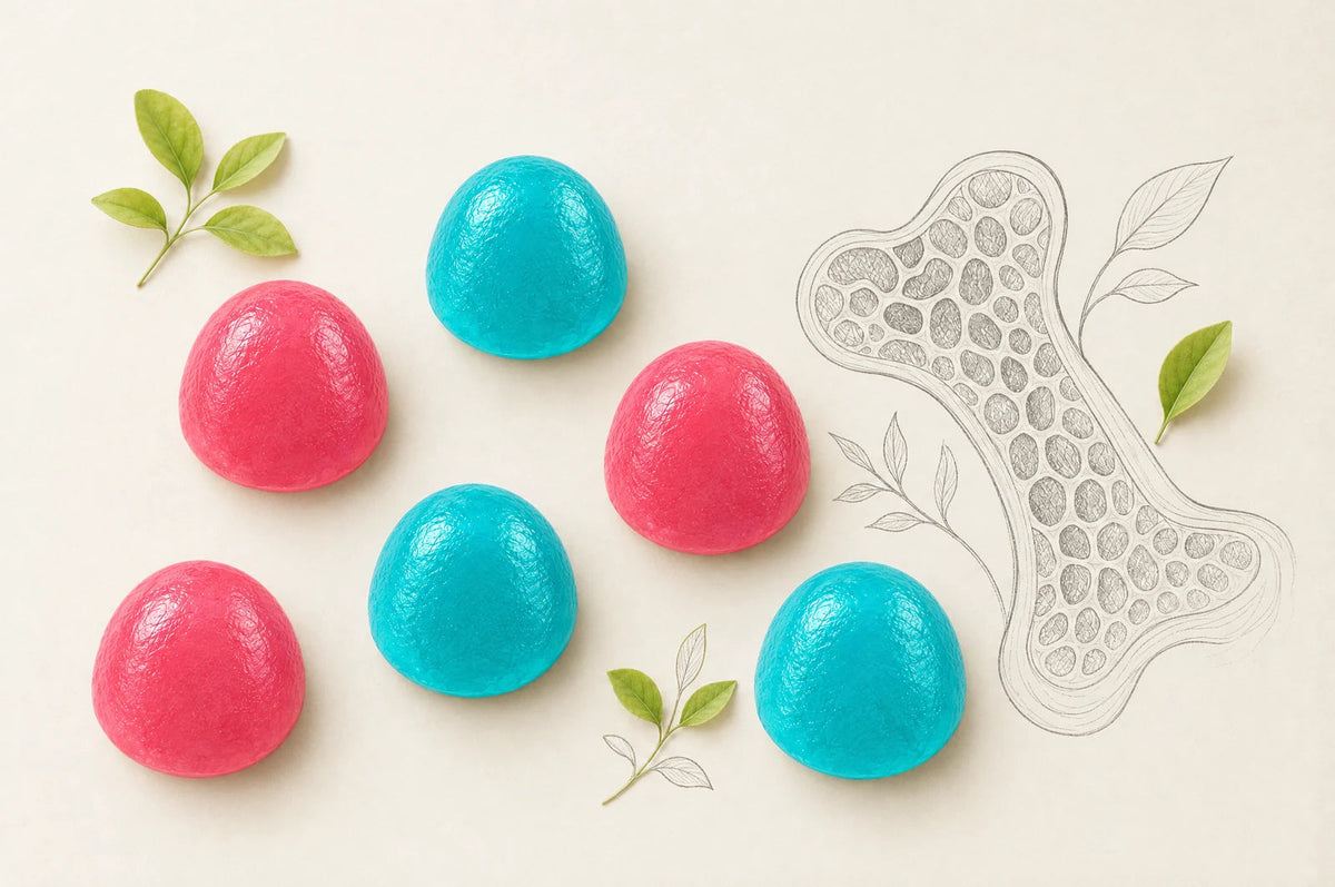 Gomitas de creatina Fills junto a una retícula tipo panal que representa la densidad ósea