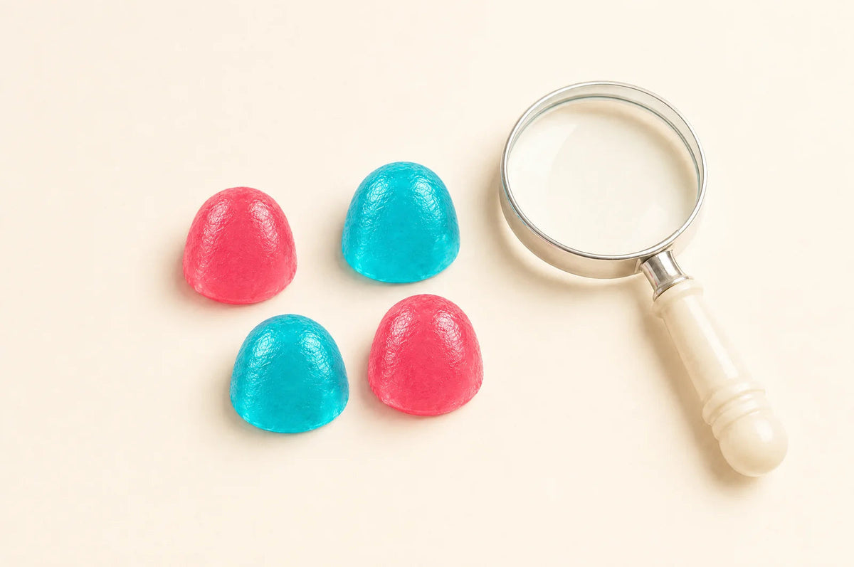 Gomitas de creatina Fills Watermelon y Blueberry junto a una lupa — mitos de la creatina